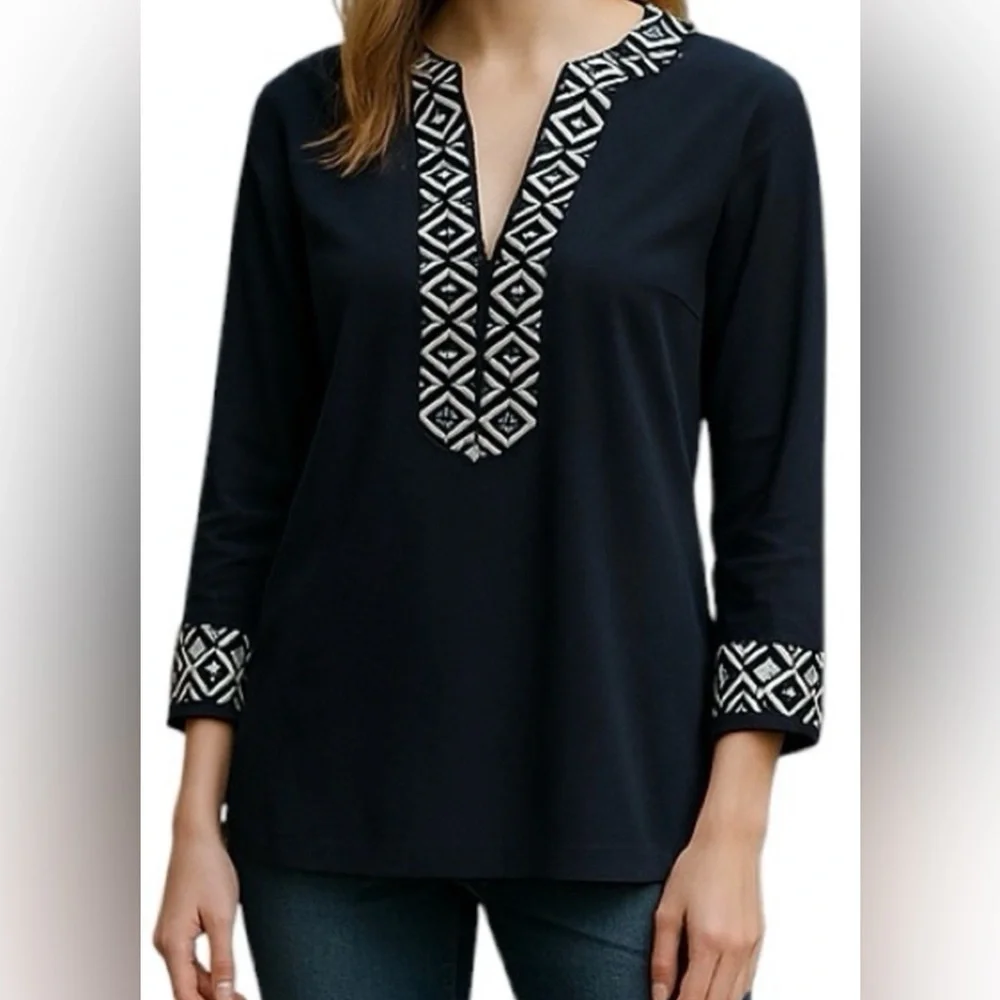 NWT Tory Burch Navy Tunic with White Geometric Embroidery - Sz 10
